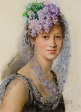 retrato de berthe popoff con un tocado floral 1941 hermosa mujer dama Pinturas al óleo